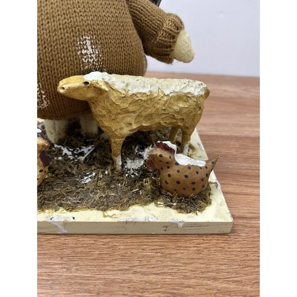 Folk Art Mixed Media Snowman with Farm Animal Friends Sheep Chickens Birds